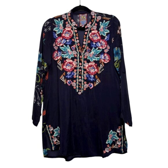 Johnny Was Embroidered Floral Tunic Shirt Navy Blue Long Sleeve V Neck‎ XS - Picture 2 of 12